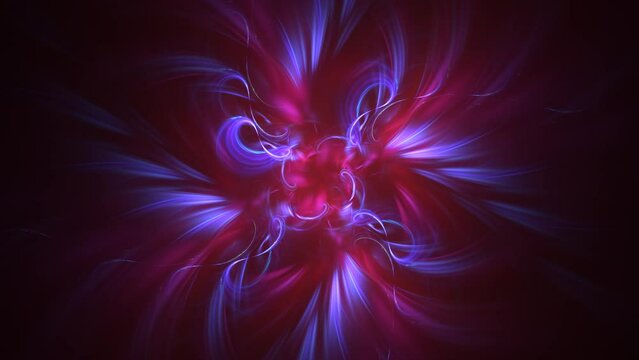 Red fire fluids with blue curved particles, lights revolving, twirling in center. Fiery background with fractal waves motion and rotation. Dance of flamy waves, flows on dark. 4K UHD 4096x2304