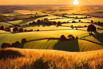 A digital illustration showcasing the panoramic view from Burton Dassett Hills, overlooking the...