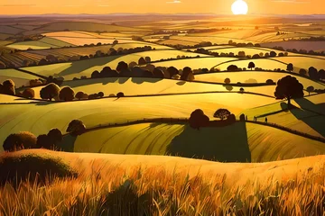 Foto op Canvas A digital illustration showcasing the panoramic view from Burton Dassett Hills, overlooking the charming Warwickshire landscape © usama