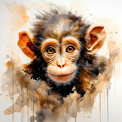 little monkey portrait, watercolor illustration