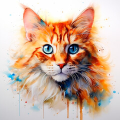 red cat portrait, watercolor illustration