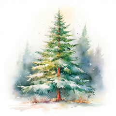 christmas tree with snow, watercolor illustration