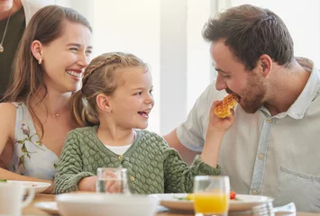 Poster Breakfast, family and eating with parents, mother and happy kid together in a home. Love, support and care on a dining room with a smile and food with bonding in the morning with waffle in a house © K Davis/peopleimages.com