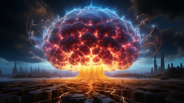 An otherworldly brain with glowing energy radiating from its core