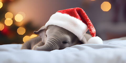 HD Santa Hat Background ,Cute and Adorable Cartoon Elephant with Santa Hat Portrait , Elephant Christmas Gift  generative ai