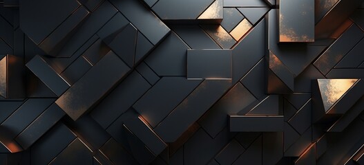 Angular metallic plates seemingly floating and overlapping, creating a complex design on a dark...