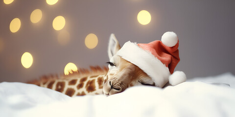 A giraffe with a hat that says " giraffe " on it ,Christmas Safari royalty ,A giraffe with a red and white hat on it ,Christmas time Cute giraffe in Santa Claus hat Generative AI


