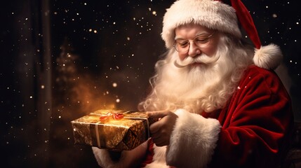 Santa Claus Opening Christmas Present With Golden Stars In Night, copy space and generative ai
