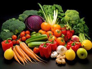 Healthy colorful organic vegetables arranged on a dark background