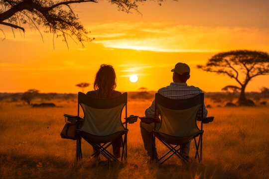 Couple sitting on camp chairs on a safari, with impala in the distance and golden sunset in the background