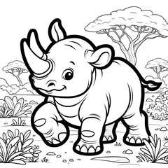 Fototapeta premium Coloring page for kids featuring a playful Black Rhino in a savanna setting.