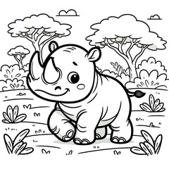 Fototapeta premium Coloring page for kids featuring a playful Black Rhino in a savanna setting.