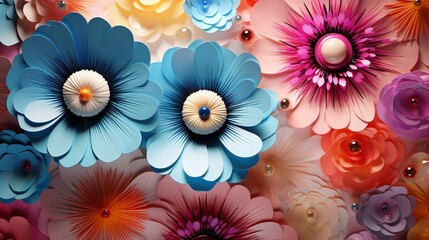 Blossoming 3D abstract flowers with pulsating concentric circles, their vivid hues and rhythmic motion creating an otherworldly floral tapestry.