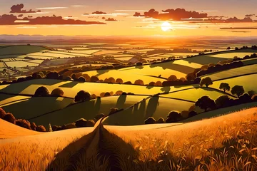 Foto auf Alu-Dibond A digital illustration showcasing the panoramic view from Burton Dassett Hills, overlooking the charming Warwickshire landscape © usama
