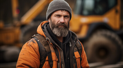 Fototapeta premium Rugged construction worker with a bulldozer in the back.