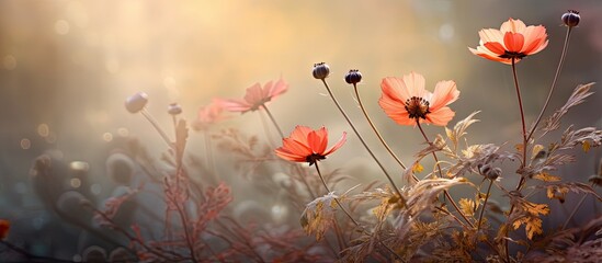 In the enchanting autumn garden, a skilled photographer captures a stunning photo of a delicate flower with intricate texture, blending harmoniously with the natural foliage and vegetation, showcasing - obrazy, fototapety, plakaty