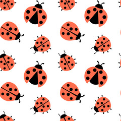 Seamless hand drawn pattern with ladybug vector illustration on white. Cute simple flat design of black and red ladybug.