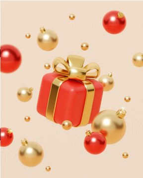 Merry Christmas and Happy New Year. Xmas Background design, gift box, white balls and glitter gold confetti. Christmas poster, holiday banner layout. 3d render