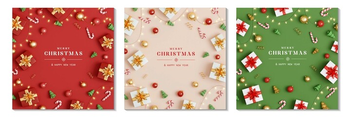 Naklejka premium Set of Christmas with decoration ornaments elements on background. Realistic 3d design. Bright Christmas and New Year background light garlands, gold confetti. Vector illustration