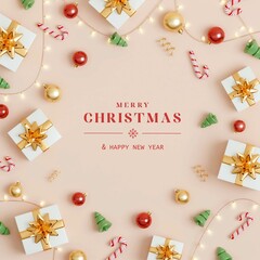 Fototapeta na wymiar Christmas with decoration ornaments elements on beige background. Realistic 3d design. Bright Christmas and New Year background light garlands, gold confetti. Vector illustration