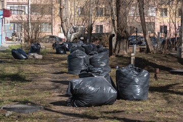 There are a lot of black plastic bags full of spring garbage in the park. Spring cleaning of streets.