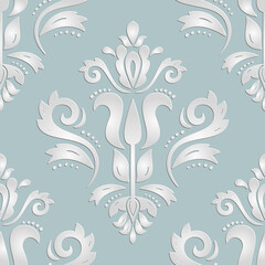 Seamless oriental blue and silverornament. Oriental traditional pattern with 3D elements, shadows and highlights