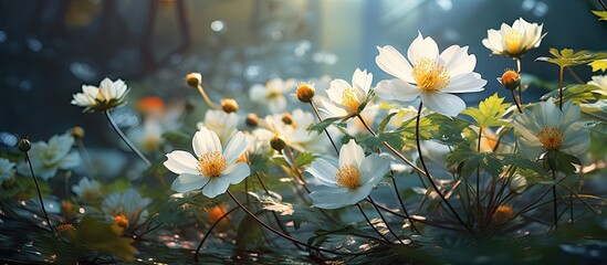 In the enchanting garden, a beautiful white floral plant blooms with colorful petals, spreading its magical pollen, showcasing the beauty of nature in summer and spring. This vibrant vegetation, with