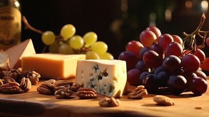 Cheese platter with grapes, nuts and red wine on wooden table