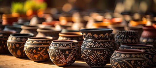 In Rajasthan, Country, a skilled potter in Jaipur molds clay into beautiful pitchers, pots, and clay pots, showcasing the rich heritage of Bharat's clay craft. The intricate designs adorning gamalas - obrazy, fototapety, plakaty