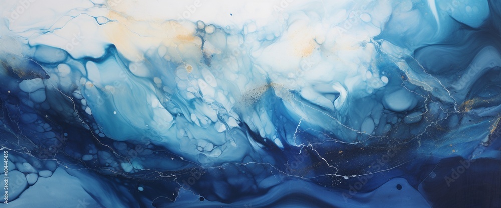 Poster A mesmerizing mix of liquid silver and deep blue, creating a fluid and dynamic abstract pattern.