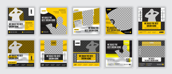 set of editable construction handyman home repair social media Post Bundle Template Design