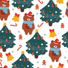 seamless pattern cartoon bear with Christmas tree and Christmas element. Cute Christmas wallpaper for card, gift wrap paper