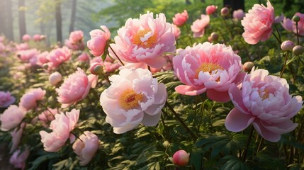 Fototapeta premium A picturesque scene of pink peony flowers in a garden, inviting you to use their natural beauty as a captivating background.