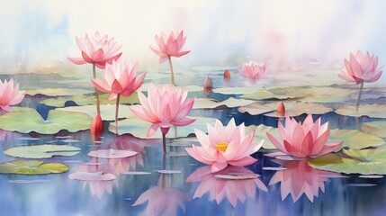 A picturesque scene of pink lotus flowers floating on a tranquil pond, providing a serene watercolor backdrop for your projects.