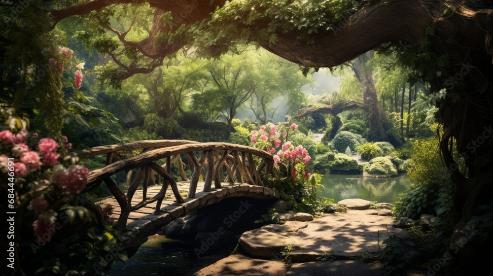 Poster a quaint wooden bridge surrounded by lush greenery, creating an idyllic setting for a tree branch fl