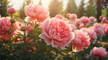 A picturesque scene of pink peony flowers in a garden, inviting you to use their natural beauty as a captivating background.