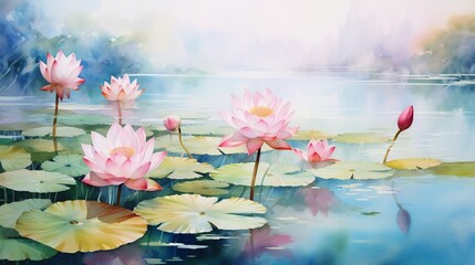 A picturesque scene of pink lotus flowers floating on a tranquil pond, providing a serene watercolor backdrop for your projects.