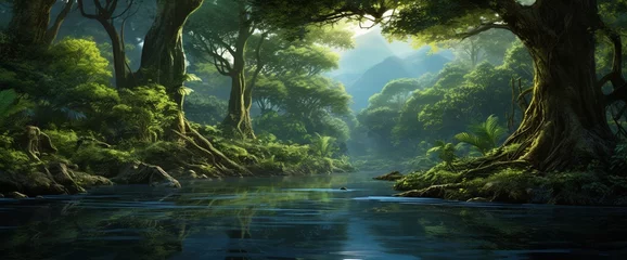 Foto op Plexiglas Reflectie A scene of a tranquil blue river winding through a lush forest, reflecting the sky above.