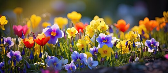 In the lush garden, amidst a sea of green, the vibrant colors of summer bloomed, as floral beauty embraced the air with petals of yellow, blue, and viola, creating a stunning display of nature's