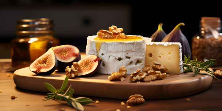 Ai generative Camembert cheese with fig fruits honey walnuts and rosemary
