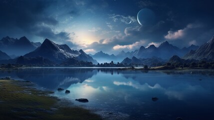 "A serene landscape with a crystal clear blue lake surrounded by dark blue mountains under a light blue sky at dusk.