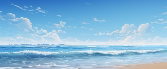 A serene ocean scene with varying shades of blue, gentle waves lapping at the shore under a clear sky.