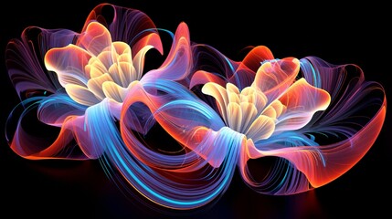 Futuristic 3D abstract blossoms composed of pulsating neon lines, intertwined to create a dynamic and luminescent representation of floral beauty.