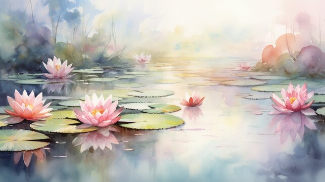 A serene pond surrounded by pink water lilies, their gentle colors merging with the watercolor backdrop for your design needs.