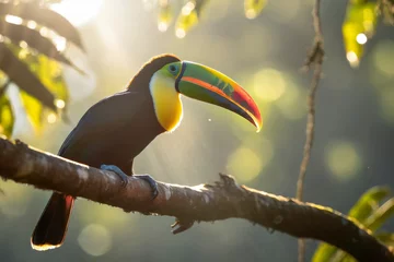 Zelfklevend Fotobehang tropical bird toucan sitting on tree branch in Amazon rain forest © Mariusz Blach