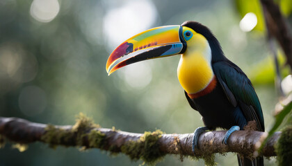 tropical bird toucan sitting on tree branch in Amazon rain forest
