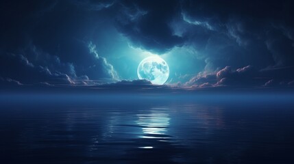 A surreal depiction of a giant blue moon rising over a calm ocean, casting a silvery glow. - obrazy, fototapety, plakaty