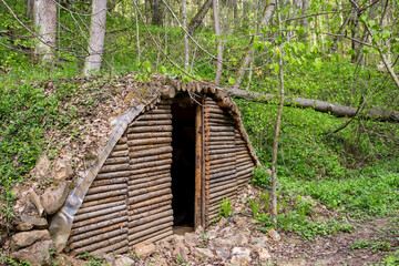 Forest hut built for living in the forest during a hike