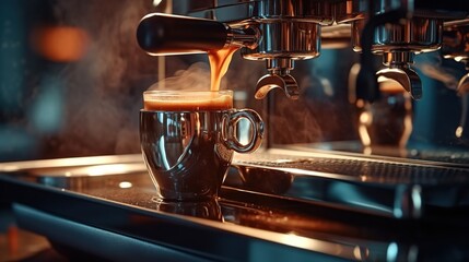 Coffee machine making espresso in a cafe. Professional coffee brewing
