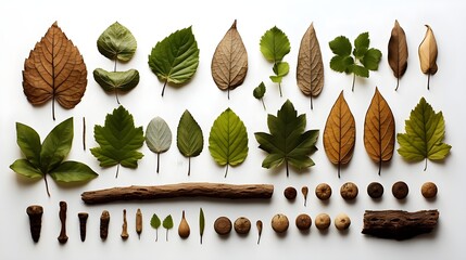 Collection of leaves, nuts, tree bark, generative AI